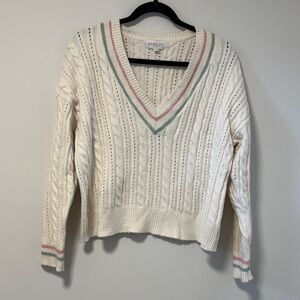 APRICOT Cream Cable Knit V-Neck Varsity Sweater with Pink and Mint Trim